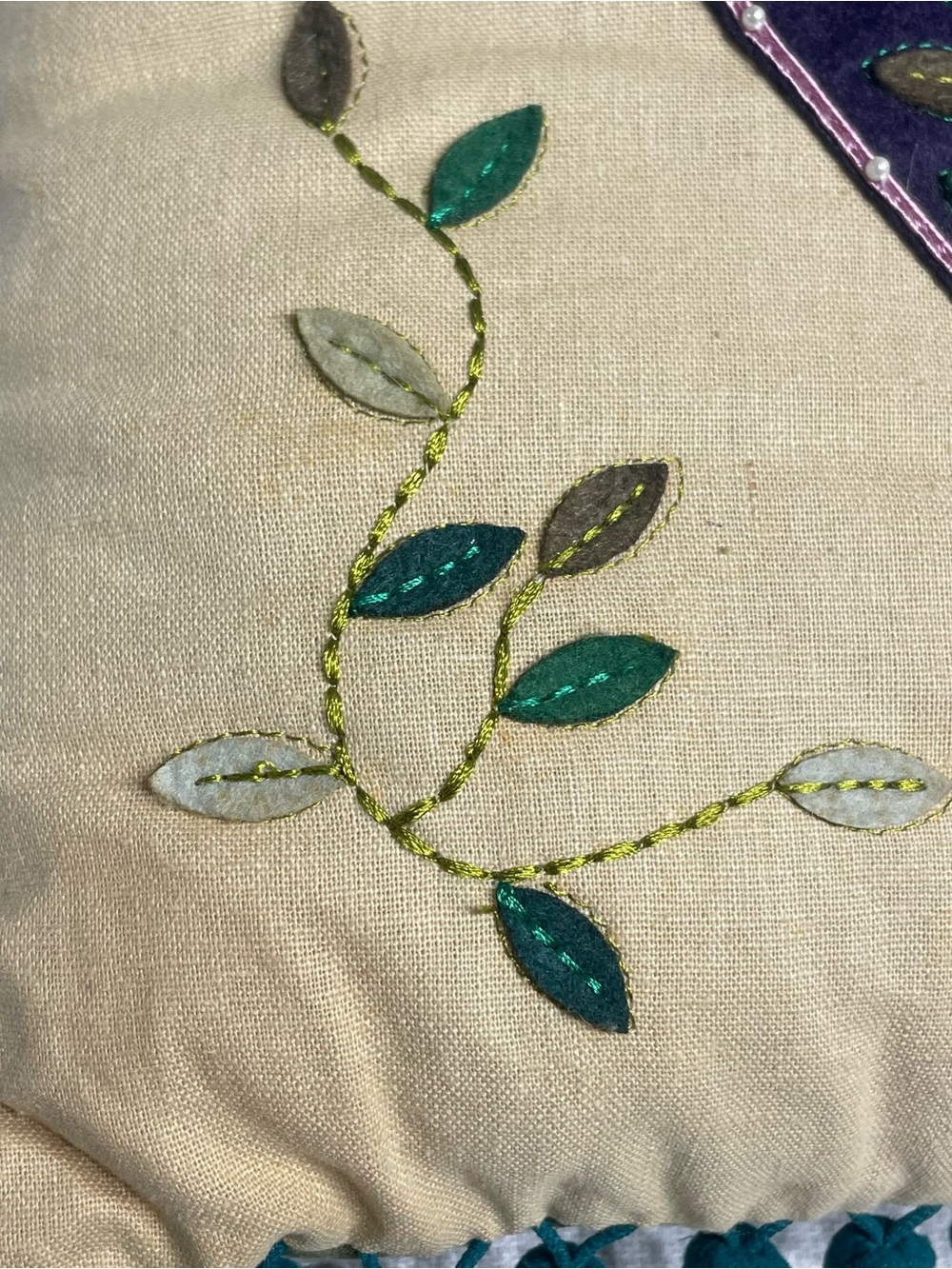 Natural Life Heart Embroidered Throw Pillow Cream Teal 12x12. Preowned. Pom Pom. - Picture 7 of 8